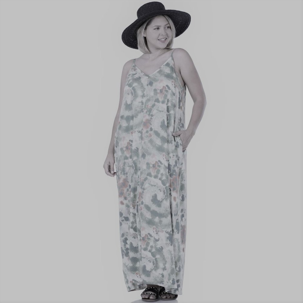 Blue Tie Dye Soft French Terry Cami Maxi Dress Plus Sized 2X - Picture 2 of 15